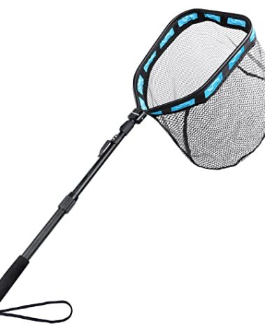 PLUSINNO Floating Fishing Net for Steelhead, Salmon, Fly, Kayak, Catfish, Bass, Trout Fishing, Rubber Coated Landing Net for Easy (19.7"/50cm Hoop Size Length 1.35M Blue (Telescopic Pole))