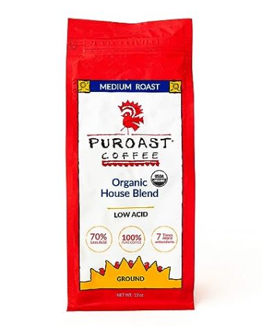 Puroast Low Acid Coffee Ground | Organic House Blend Ground | Medium Roast | High Antioxidants & High pH |No Bitter Aftertaste | Reduced Heartburn & GERD | Suitable for Cold Brew - 12 oz