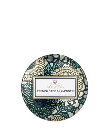 Voluspa French Cade Lavender, Mini Tin Candle, 4 oz, 25 Hour Burn Time, Coconut Wax for Clean Burning, Handcrafted in The USA