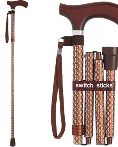 Switch Sticks Walking Cane for Men or Women, Foldable and Adjustable from 32-37 Inches, FSA and HSA Eligible, Engraved Cognac