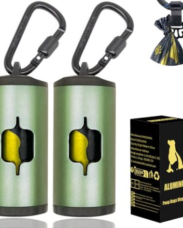 Metal Dog Poop Bag Holder 2-Pack w/Leash Clip|Durable Scratch-Resistant Aluminum|30 Bags+6 Accessories（Dark Green）