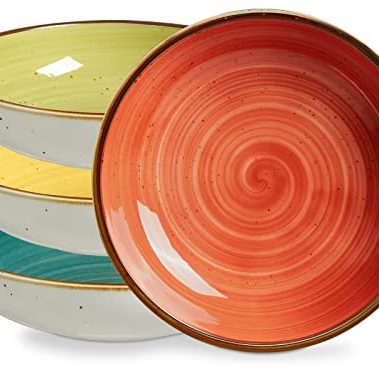 ONEMORE Pasta Bowls 30 Ounce Porcelain Salad Bowls Shallow Bowls for Pasta Set of 4 Shallow Bowl Plates, Microwave & Dishwasher Safe, Assorted Color
