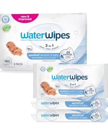 WaterWipes Sensitive+ Newborn & Baby Wipes, 3-In-1 Cleans, Cares, Protects, 99.9% Water, Unscented & Hypoallergenic, 180 Count (3 Packs)