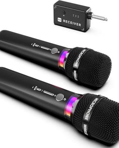 Wireless Microphone, Rechargeable Wireless Microphones with One-to-One Chip Connection and LED Lights, 40H Duration, 200FT Range Receiving, Less Latency Karaoke Microphone for Singing, Speech, Party