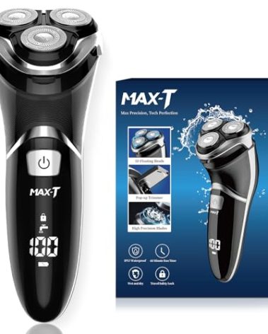 Men's Electric Shaver - MAX-T Corded and Cordless Rechargeable 3D Rotary Shaver Razor for Men with Pop-up Sideburn Trimmer Wet and Dry, IPX7 Waterproof, Plug & Play