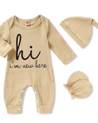 GRNSHTS Newborn Baby Boy Romper Coming Home Outfits Letter Print Knitted Jumpsuit+Hat+Gloves 3PCS Clothes Set (Apricot, Newborn)