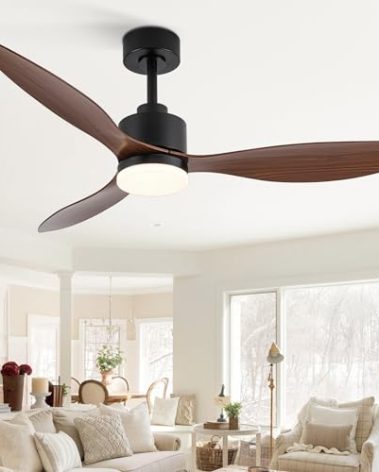 52 Inch Modern Ceiling Fans with Lights and Remote, 6-Speed Reversible DC Motor, 3 ABS Blades, 3-Color Led Light, 2 Downrods, Industrial Indoor Ceiling Fan Light Fandeliers for Bedroom (Black & Brown)