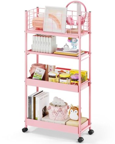 KINGRACK Slim Storage Cart, 4-Tier Metal Utility Rolling Cart with Wheels,Bathroom Organizer, Skinny Rolling Trolley, Mobile Shelving Unit for Office, Laundry Room, Narrow Place,Pink