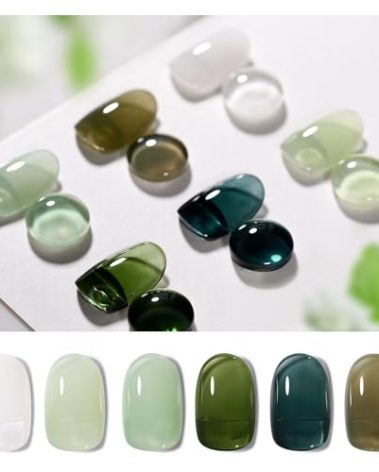 GAOY Jelly Green Gel Nail Polish Set, 6 Transparent Colors Sheer White, UV Light Cure Gel Polish for Salon and Nail Art DIY at Home