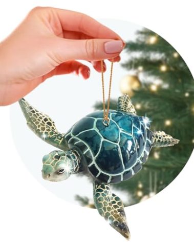 Christmas Ornaments - Home Decor - Unique Nautical Christmas Ornament Hand-Painted Blue Sea Turtle - Best for Tree Hanging, Bathroom Decorations, Stocking Stuffers, Scuba Lovers and Ocean Enthusiasts