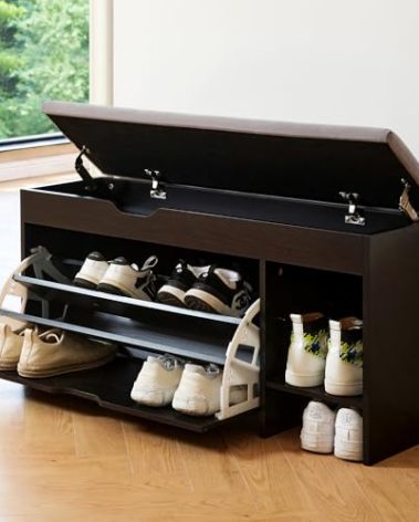 Netstar 3-Tier Entryway Bench with Cushion, Shoe Rack Bench with Flip Drawer, Lift Top Storage Box, Shoe Storage Organizer for Entryway, Hallway, Living Room, Black