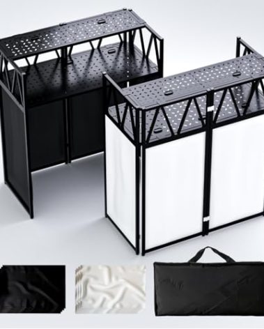 lunacme Portable DJ Booth Table,Foldable DJ Table Stand with White & Black Scrim,Adjustable D J Facade Station Metal Frame with Cable Hole for Private Events, Clubs, Bars (Upgrade)