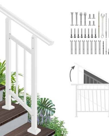 Adjustable Handrails for Outdoor Steps – White Metal Stair Railing with Installation Kit, 2 Steps Handrail or Horizontal Use, Wrought Iron Hand Rails for Outdoor Steps