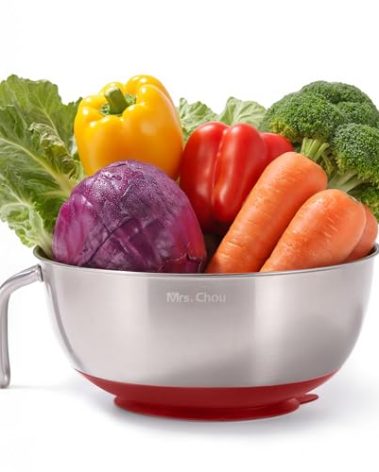 Mrs. Chou Suction Mixing Bowl SUS304 Stainless Steel w/Non-Slip Silicone Suction Cups Base, Egg Beating Bowls with Handle Baking Bowl Tool for Cooking Baking Prepping Food Storage Batter Bowl Deepen