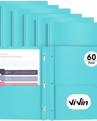 Heavy Duty Plastic Folder, 60 Pack, Pocket Folder with brads, Letter Size Poly File, Plastic Folders with 3 Prongs Fasteners - Light Blue