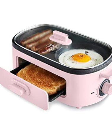 GreenLife 3-in-1 Breakfast Maker Station, Healthy Ceramic Nonstick Dual Griddles for Eggs Meat Sausage Bacon Pancakes and Breakfast Sandwiches, 2 Slice Toast Drawer, Easy-to-use Timer, Pink