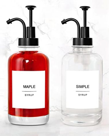 Glass Syrup Pump Bottle Dispenser for Coffee Bar Accessories with 84 Labels (Set of 2), 16.9 oz, Matte Black