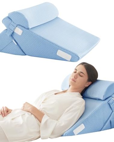 Bedluxe 3Pcs Orthopedic Bed Wedge Pillow Set, Foam Wedge Pillow Post Surgery for Back, Leg and Knee Support, Adjustable 9&12 Inch Folding Triangle Pillow for Sleeping, Acid Reflux, Snoring, Light Blue
