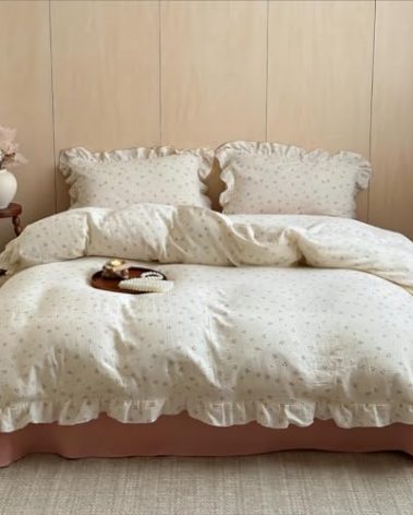 BuLuTu Girls Duvet Cover Full Muslin Duvet Covers for Kids Toddlers Chic Flower Print Comforter Cover Ruffles Bedding Quilt Protector Primrose Pattern, Zipper Closure, 79"x90" (No Filler)