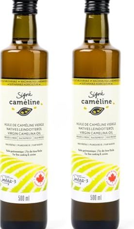 Cold-Pressed Virgin Camelina Oil, 500mL X 2 by Signé Caméline | High Smoke Point 475°F | Rich in Omega-3 & Vitamin E | Alternative to Olive Oil | Vegan | Made in Canada | Non-GMO