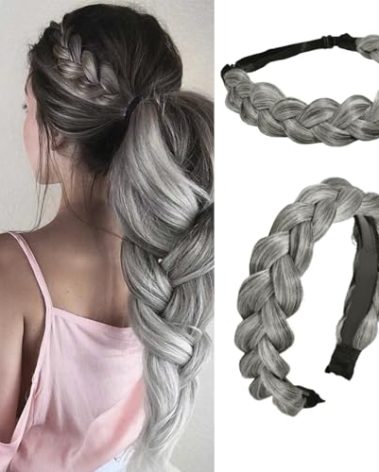 Ukithairtinsel Braided Headbands for Women, 2 Pcs Handmade Fashion Braid Headband with Teeth and Elastic Stretch Braids Hairband for Girls Beauty Hair Accessories Party Festival Halloween (Grey)
