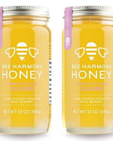 Bee Harmony Raw Clover Honey, 12 OZ (Pack of 2 Jars), Made in the USA