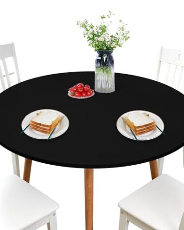 NEWISHER Round Fitted Table Cover Spandex Stretch Tablecloth Black Table Top Cover with Elastic Edged for Dining Picnic Patio 60 inch