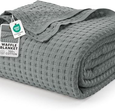 Utopia Bedding Cool Grey 100% Cotton Waffle Blanket 300 GSM [Big - 120x120 Inch] Soft Lightweight Breathable Bed Blanket for All Season