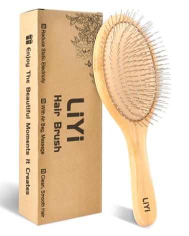 LIYI Bamboo Hair Brush with Stainless Steel Bristles for Hair Growth - Massaging Scalp Detangling Hairbrush for Women, Men & Kids - Wooden Paddle Hairbrush for All Hair Types