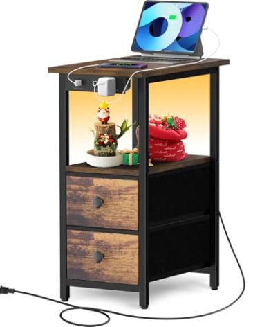 OUTONLIFE Side Table with LED Dimmable Light & Charging Station, Nightstand with 2 Fabric Drawers, 2 USB Ports & AC Outlet, Narrow End Table with Storage for Bedroom, Living Room, Office, Small Space
