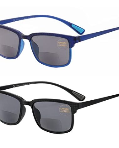 CARA 2 Pack Bifocal Reading Sunglasses for Men, Flexible Super Lightweight TR90 Frame Women Sun Readers, Driving Fishing Outdoor UV400 Protection (Black & Blue, 2.5)