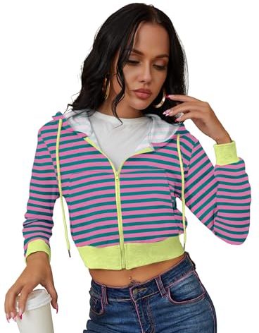 milanpavilion Women's Striped Color Block Zip Up Hoodies Cropped Cardigan Jacket Drawstring Hooded Sweatshirts Casual Long Sleeve Top