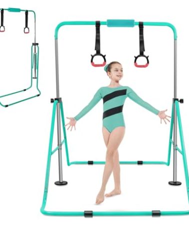 YEEGO DIRECT Gymnastics Bar for Kids with Rings and Pad, Folding Gymnastics Bars Horizontal Bar for Kids Ages 3-12, Expandable for Home Training Kids Gifts for Girls Boys(Green)