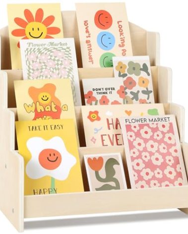 VOGGV Greeting Card Display Stand Holder - 4-Tier Wooden Organizer Rack for Postcards, Stickers, Bookmarks & Tabletop Book Display, Sturdy Card Display Shelf for Retail or Home