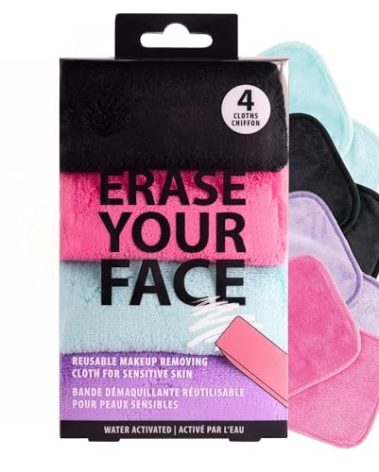 ERASE YOUR FACE Reusable Makeup Remover Cloths - Microfiber Face Towels to Cleanse & Remove Makeup - Water Activated for Sensitive Skin - Multi-Color (4 Count)