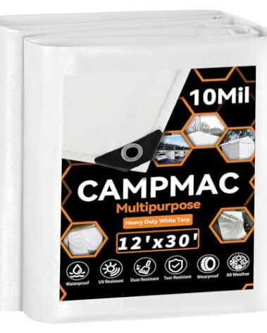 CAMPMAC White Heavy Dut Waterproof Tarp 12' x 30', 10 Mil Thick, High Durability, Rip and Tear Resistant with Metal Grommets Every 20 Inches