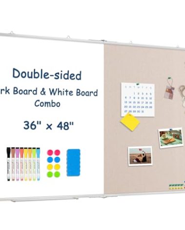 Large White Board Dry Erase Foldable Bulletin Board Combo, 48" x 36" Double Sided Dry Erase Board for Wall, Magnetic Whiteboard Bulletin Board with Linen for Office, Home, School, Kitchen -White