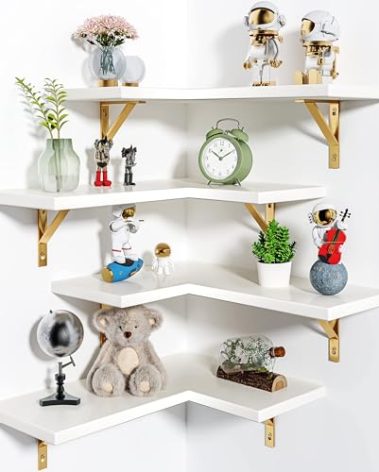 Corner Shelf Wall Mounted, Set of 4, Corner Floating Shelves, Corner Wall Shelf, Corner Hanging Shelf for Living Room, Kitchen and Bedroom (White Gold, 16.3 Inches)