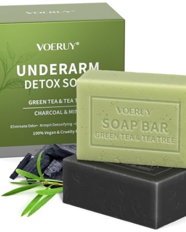 Underarm Detox Soap, 2 Pcs Armpit Detox Soap with Green Tea & Tea Tree, Charcoal & Mint for Eliminating Odor, Exfoliating, Moisturizing , Bar Soap for Legs, Knee, Feet, Hands Whole Body - 10 oz（280g）