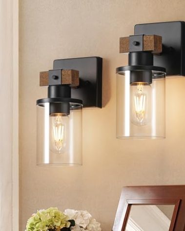 GOEBLESON Wall Sconces Set of Two for Bathroom, Farmhouse Bathroom Light Fixture, Faux Wood Rustic Bath Vanity Light with Clear Glass Round Shade, Wall Lights for Bedroom Living Room Mirror F14BDP205