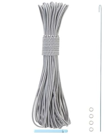 Tent Pole Shock Cord 1/8 inch 60ft, Replacement Shock Cord for Tent Rod, Tent Pole Repair Kit, Elastic Bungee Cord,Elastic Cord with Lead Wire/Washers/Clip (White/Black)