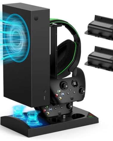 Charger Stand with Cooling Fan for Xbox Series S Console and Controller,Vertical Dual Charging Dock Accessories with 2 x 1400mAh Rechargeable Battery and Cover, Earphone Bracket for XSS(Black)