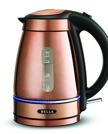 BELLA 1.7 Liter Electric Illuminated Glass Kettle, Quickly Boil Water for Tea, Coffee, Instant Soup and More, Safely Pour with Automatic Shut Off & Detachable Swivel Base, Chrome/Copper Finish