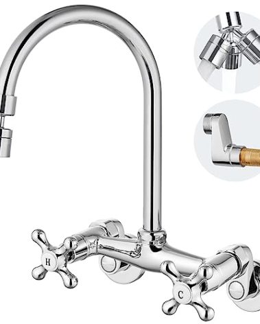 Airuida Wall Mount Kitchen Faucet with Sprayer Wall Mounted Kitchen Sink Faucet Double Cross Handles 360 Degree Swivel Spout Restaurant Mixer Tap Commercial 6 Inch Center Chrome Polish