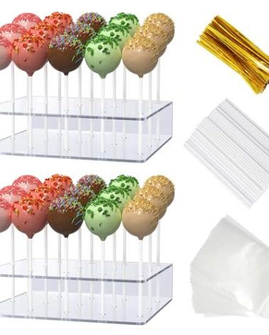 2 Pack Cake Pop Stand with Sticks Kit, Acrylic Lollipop Hold Stand, Clear Cake Pop Display Holder, 15 Holes Candy Pop Holder with 100 Pcs Sticks, 100 Pcs Clear Wrappers, 100 Pcs Gold Twist Ties