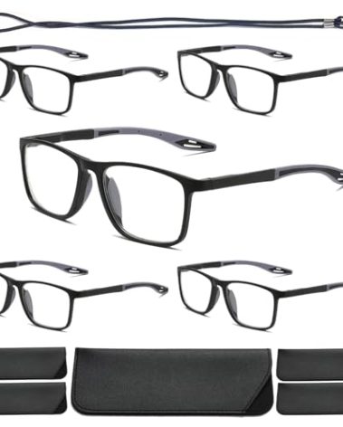 Hubeye TR90 Sports Reading Glasses for Men and Women Ultralight Flexible Anti-Blue Light Readers（Black+Black+Black+Black+Black，+2.0）