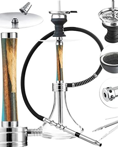 Hookah Set with Silicone Hose Bowl Tongs Mouth Tips Everything Accessories, Wood Shisha Complete Set Small Glass Aluminum Hookahs Portable Hooka Blue
