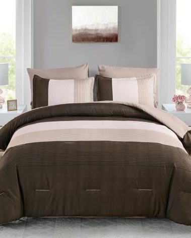 Anibedding King Size Brown Comforter Set 7 Pieces, Chocolate and White Patchwork Striped Bed in a Bag with Sheet Pillowcase for King Bed All Season