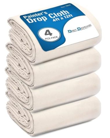 Pack of 4: 4x12 Drop Cloth Cotton Tarp Large Canvas Tarp for Art Supplies, Drop Cloths for Painting Supplies/Paint Canvas Fabric and Furniture Cover from Paint by DIRT DEFENSE