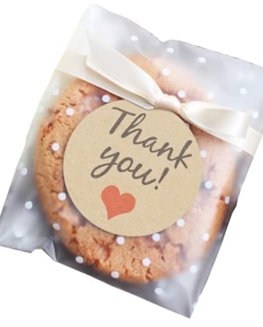 FLYTT Self Adhesive Cookie Bags, White Polka Dot Individual Resealable Cellophane Treat Bags with Thank You Stickers for Gift Giving (5.5''x5.5'', 100 Pcs)